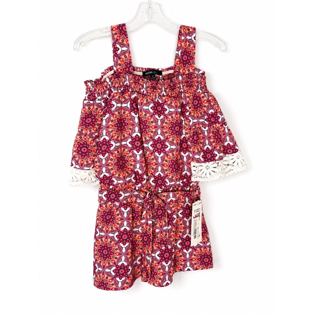 Tamara Girls Girls Red Mosaic Print Romper with Lace Trim size 4